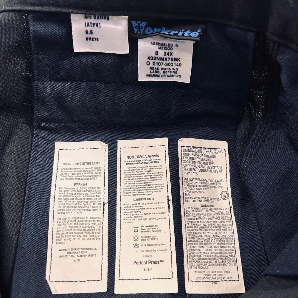 Workrite Nomex IIIA FR Full Cut Work Pants Men 34 (FITS 33) Black 402NMX75BK - Picture 3 of 16